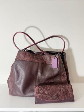Coach Wine Leather Tote with Snakeskin-Trim and Matching Wallet